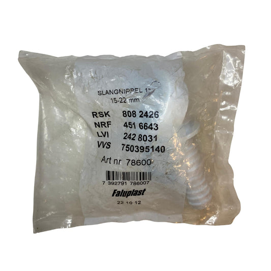 Faluplast slangnippel 1 tum 15–22mm i vit PVC med packning i förpackning