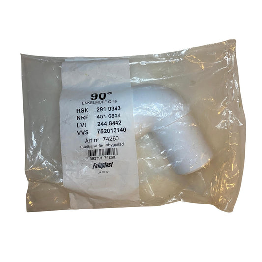 Faluplast böj 40mm 90° i vit PVC med enkelmuff i originalförpackning