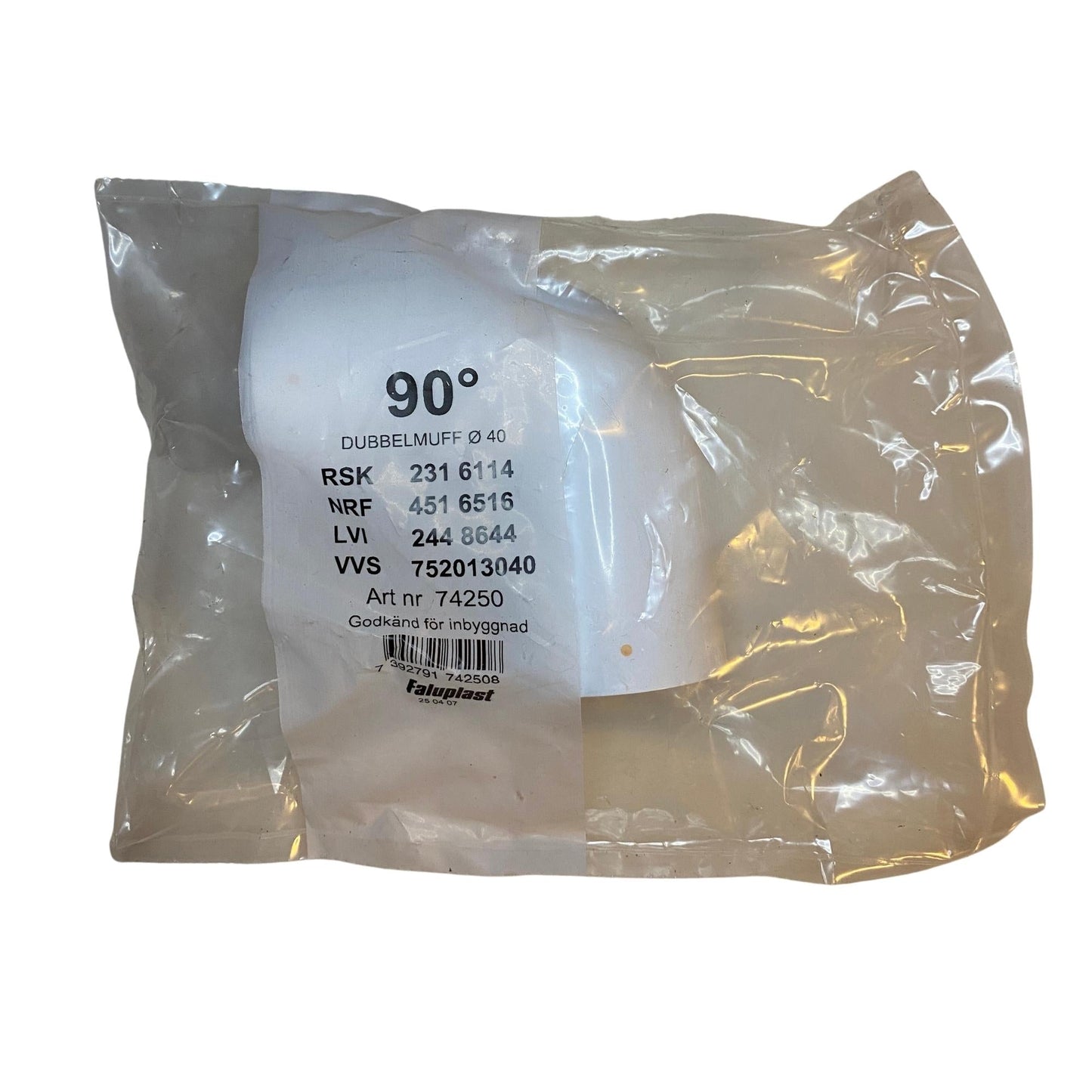 Faluplast dubbelmuff 90° PP Ø40 för avloppsrör i originalförpackning