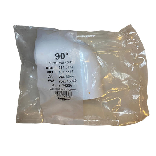 Faluplast dubbelmuff 90° PP Ø40 för avloppsrör i originalförpackning