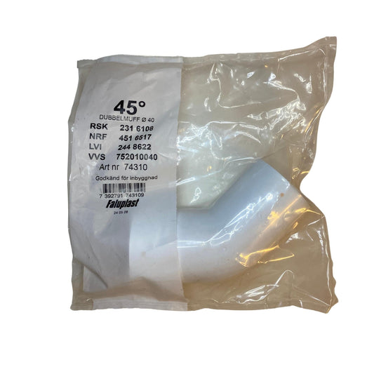 Dubbelmuff 45° 40mm i plast från Faluplast i originalförpackning