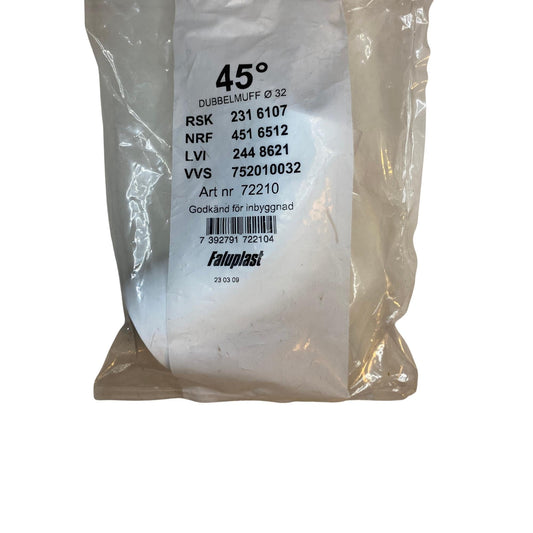 Faluplast dubbelmuff 45° PP Ø32 i originalförpackning