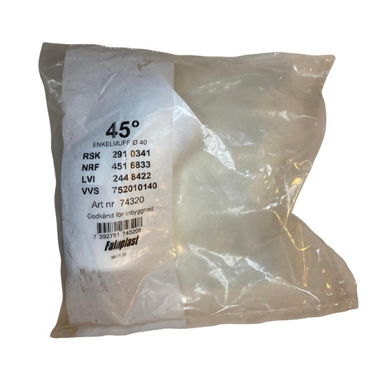 Faluplast enkelmuff 45° PP Ø40 i originalförpackning