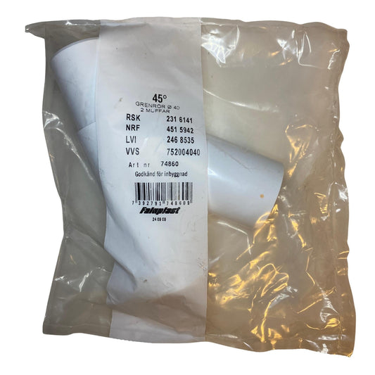 Faluplast grenrör 45 grad i vit PVC med två muffar för avloppssystem i originalförpackning