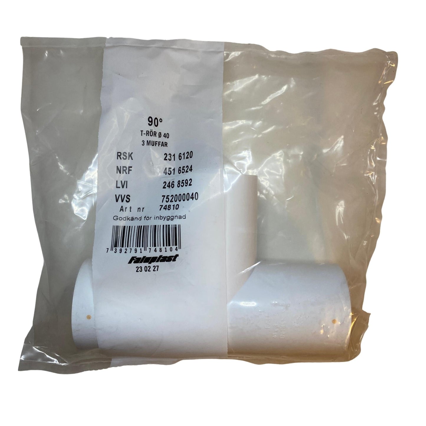 Faluplast T-rör 90 grad i vit PVC med tre muffar för avloppssystem i originalförpackning