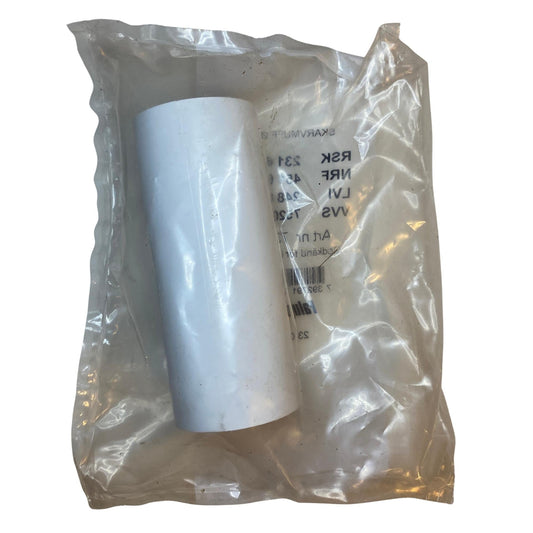 Faluplast skarvmuff Ø32 i vit PP sedd från sidan i plastförpackning