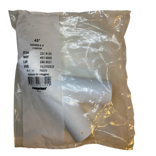 Faluplast grenrör 45° Ø32 i vit PP med 3 muffar i originalförpackning