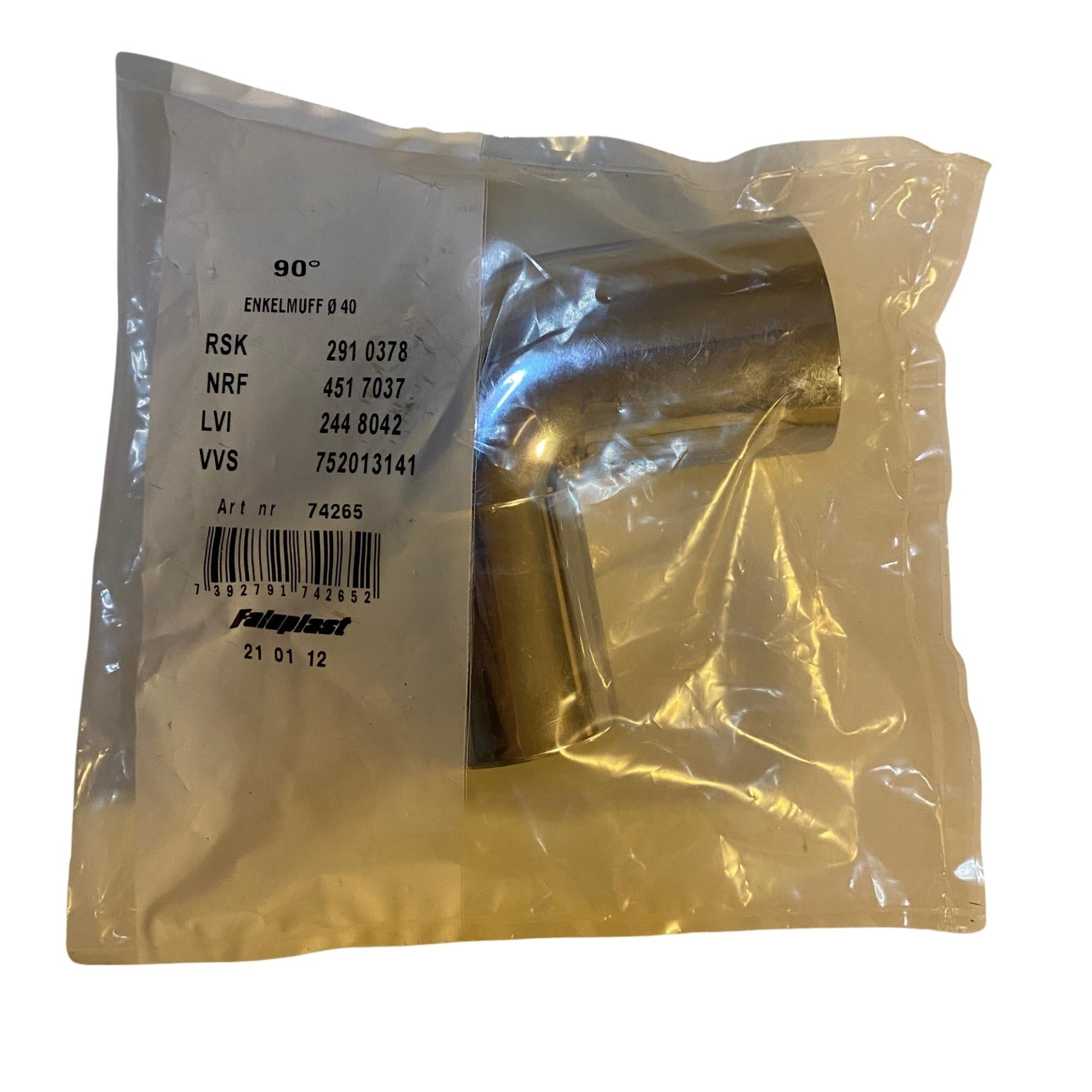 Faluplast rörvinkel 90° 40 mm krom med produktmärkning på förpackning