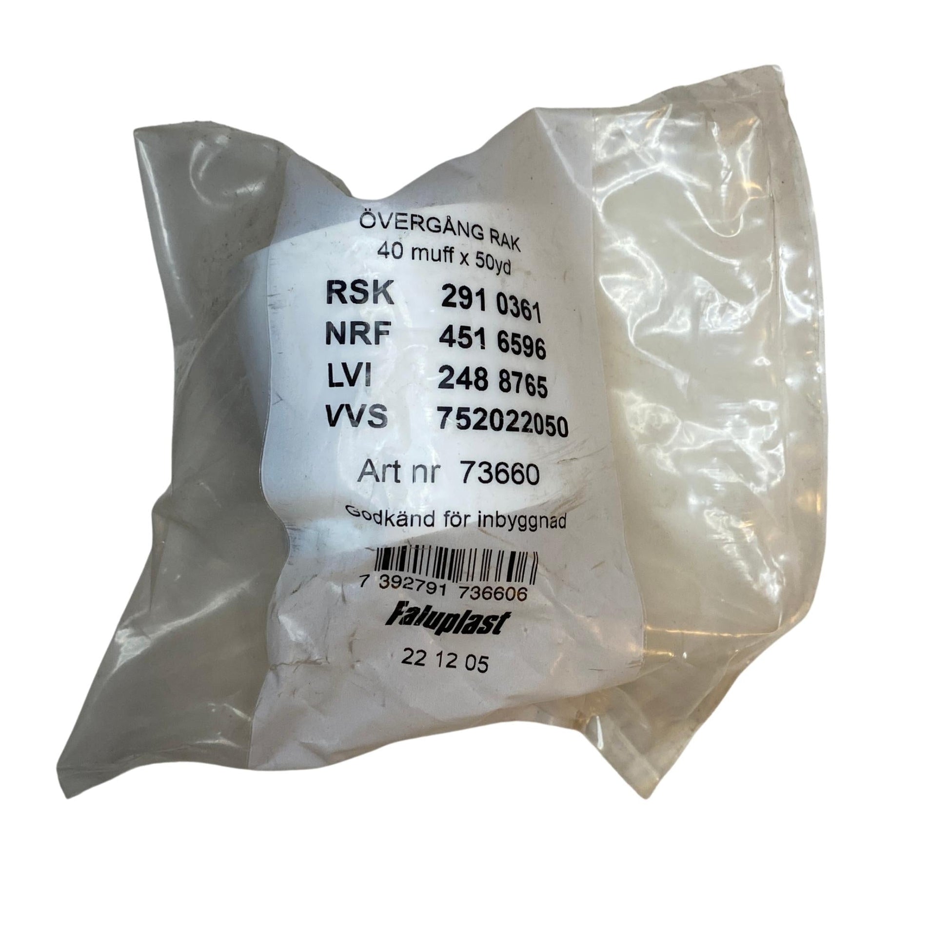 Faluplast rak övergång 40x50mm i vit PVC med muff i originalförpackning