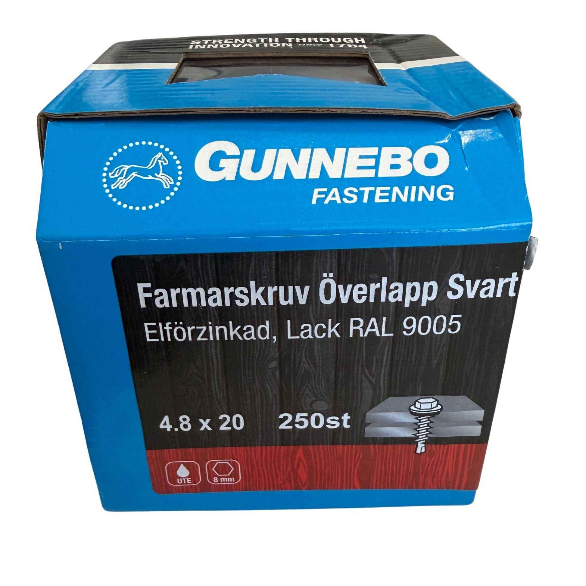 Förpackning med farmarskruv överlapp svart 4,8x20mm 250 st från Gunnebo Fastening