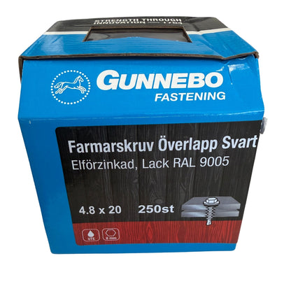 Förpackning med farmarskruv överlapp svart 4,8x20mm 250 st från Gunnebo Fastening