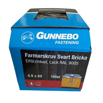 Förpackning med farmarskruv svart bricka 4,8x60mm 100 st från Gunnebo Fastening