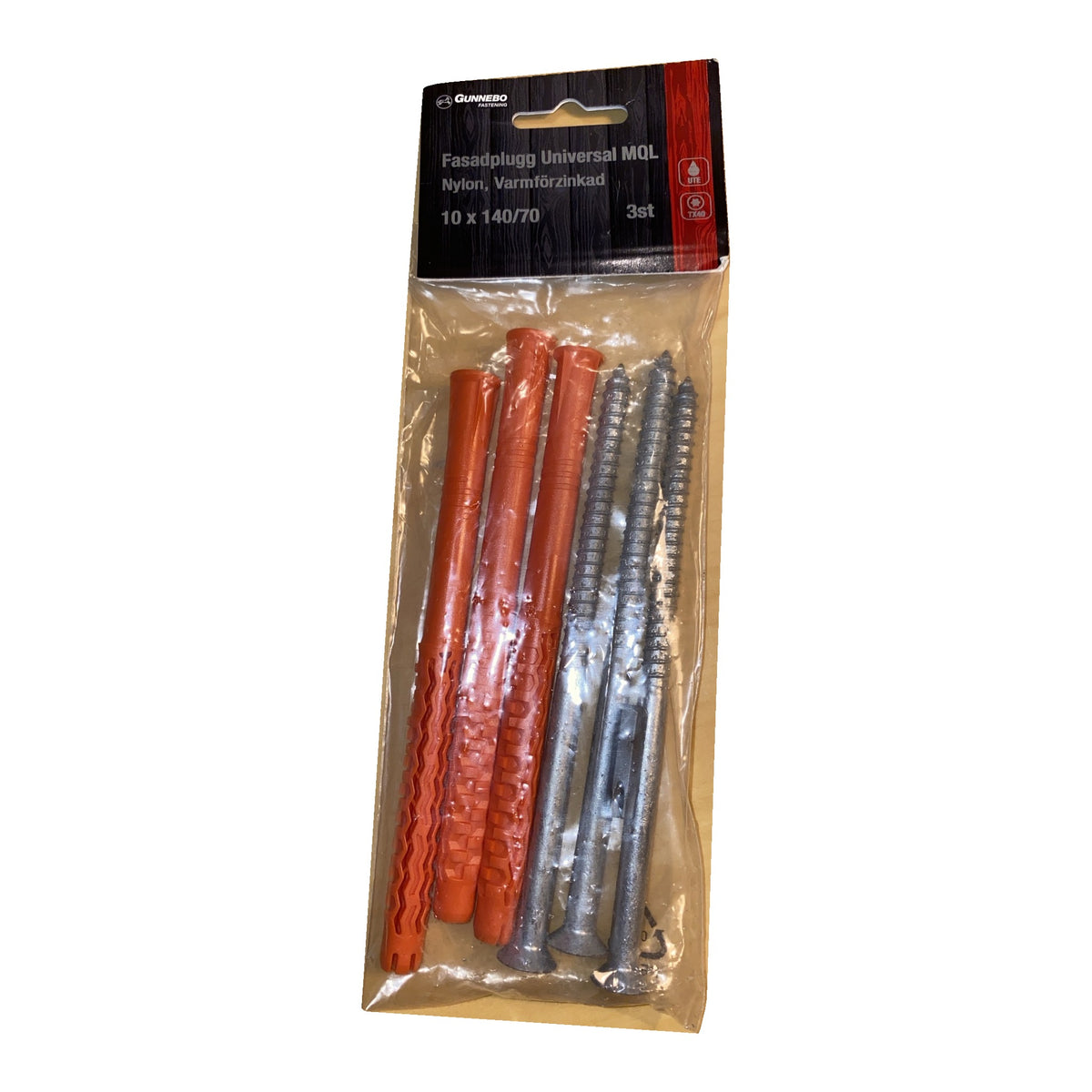 Gunnebo fasadplugg Universal MQL 10x140/70 mm med orange nylonplugg och varmförzinkad skruv, 3 st i förpackning