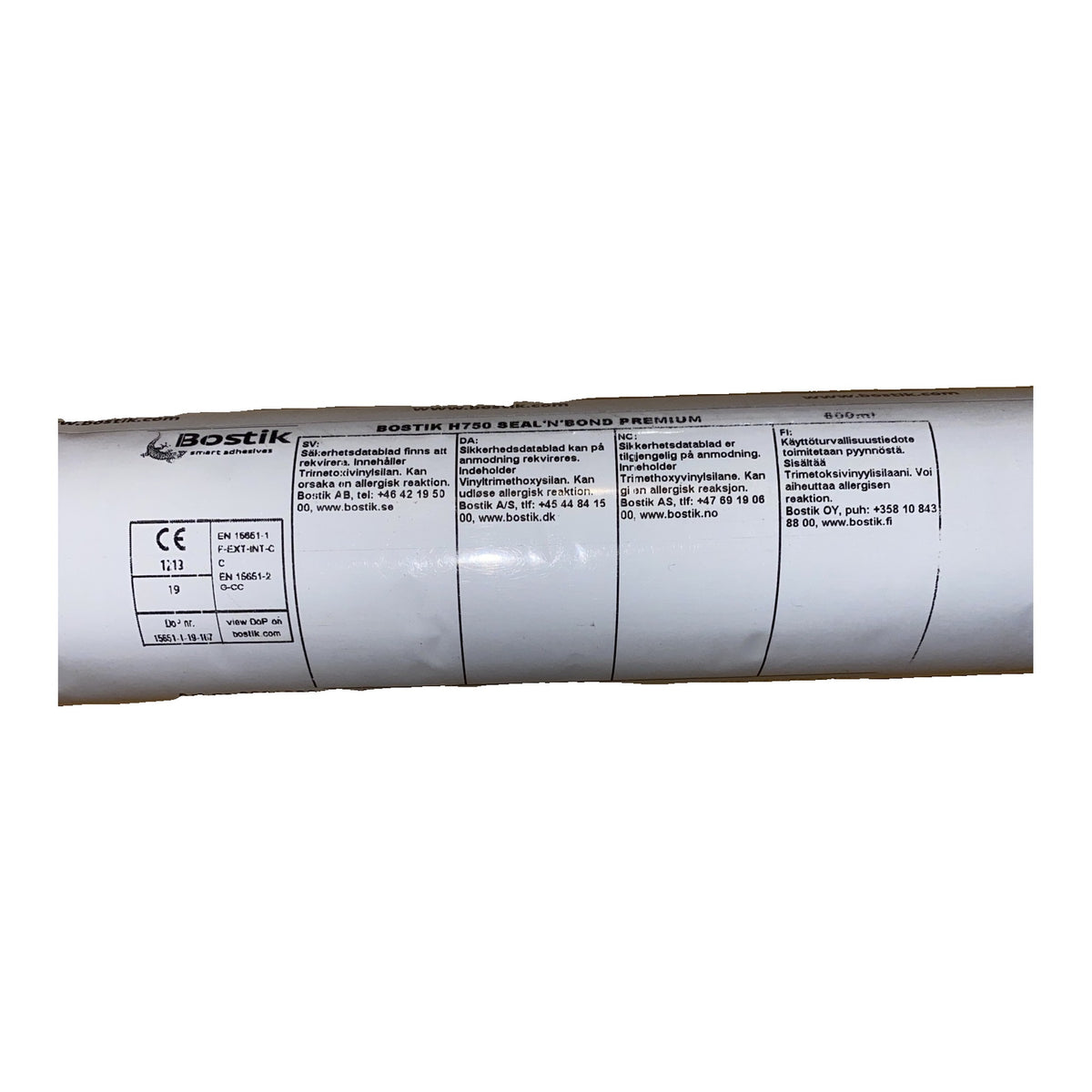 Fogmassa H750 Seal N Bond Premium etikett med CE-märkning och säkerhetsinformation