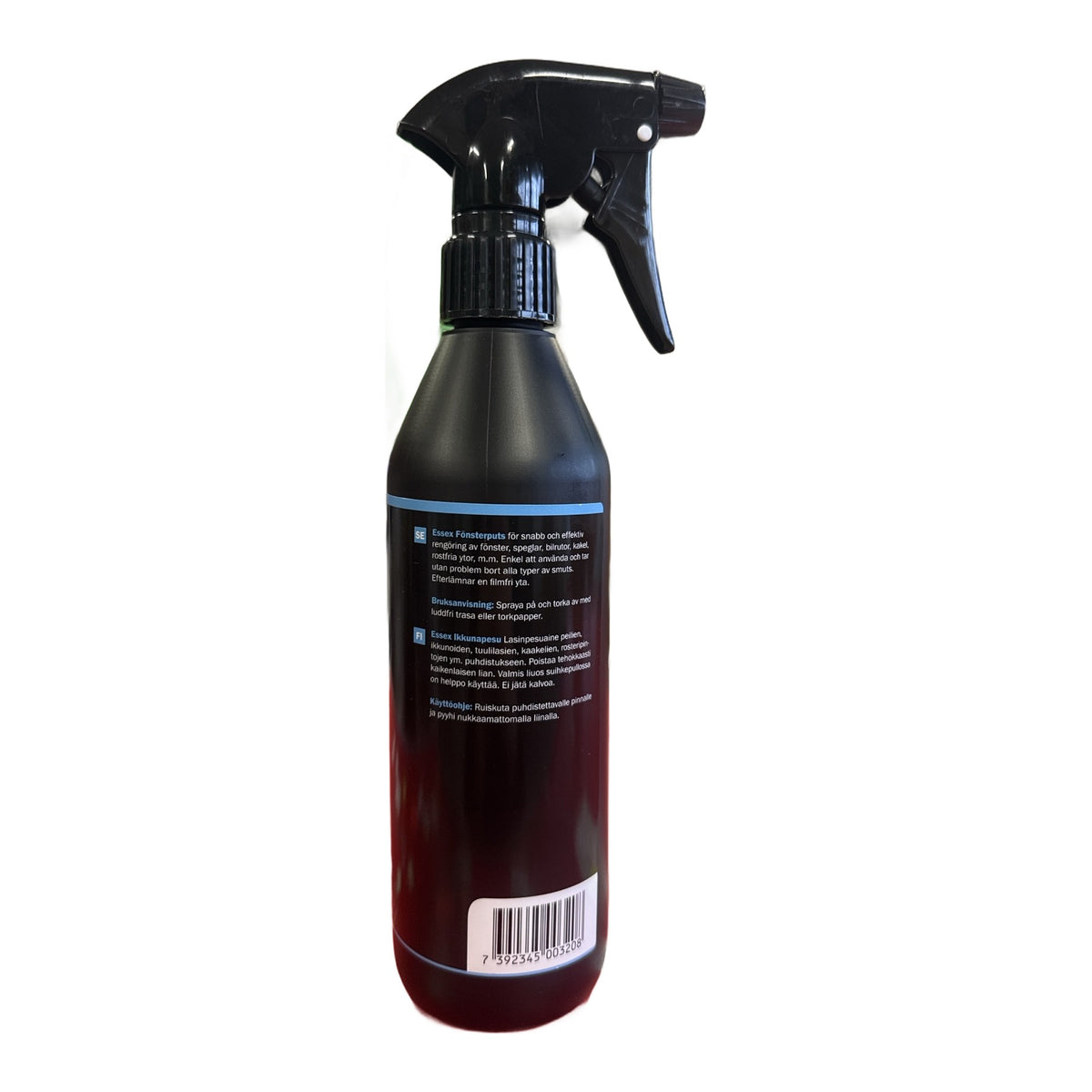 Fönsterputs sprayflaska 500 ml, baksida med produktbeskrivning och bruksanvisning