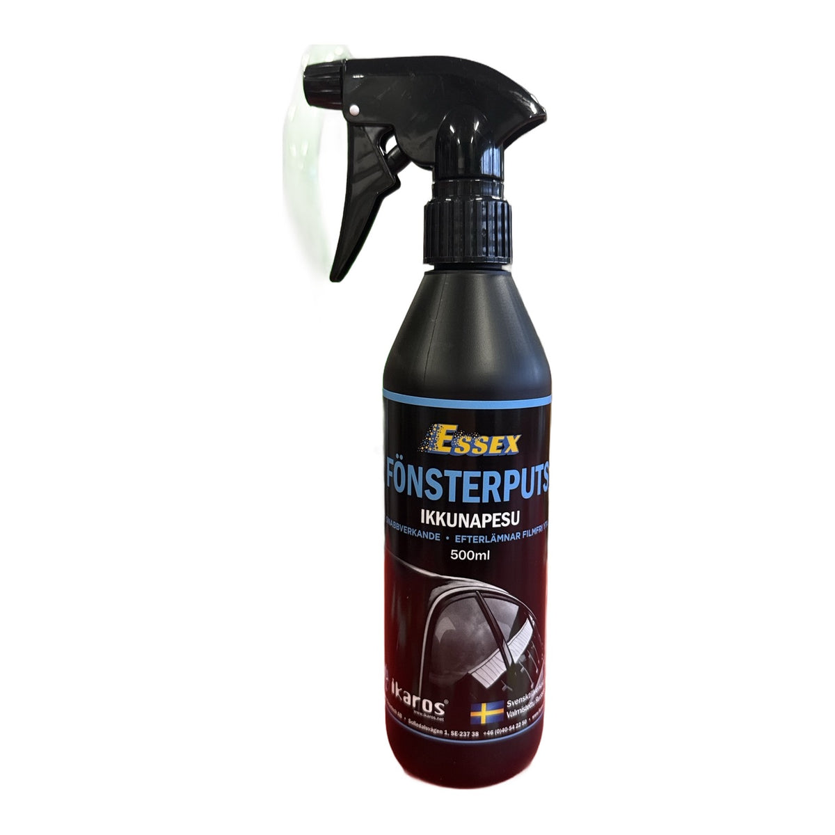 Fönsterputs Essex i svart sprayflaska 500 ml, framsida med snabbverkande och filmfri formula