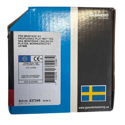 Förpackning med CE-märkning och monteringsinstruktion för farmarskruv i dalen på profilerad plåt