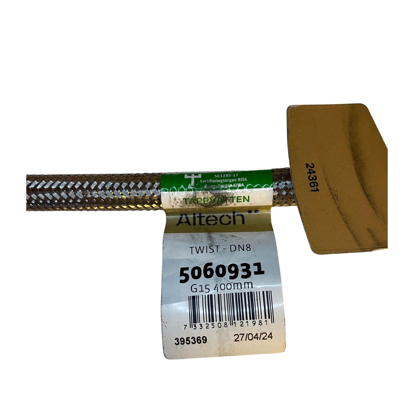 Flexi anslutningsslang Altech DN8 G15 400mm produktetikett och koppling