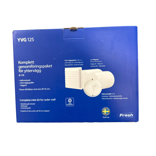 Genomföringspaket för yttervägg Fresh YVG 125 Ø118 mm, baksida av förpackning med produktbild och specifikationer