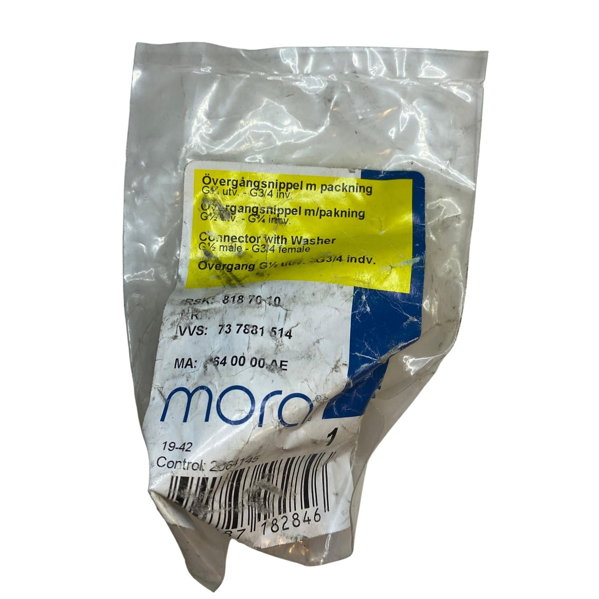 Mora övergångsnippel G1/2 till G3/4 etikett på originalförpackning