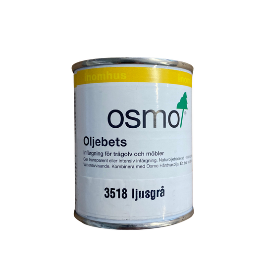 Burk Osmo Oljebets 3518 Ljusgrå 0,125 liter, framsida med produktetikett