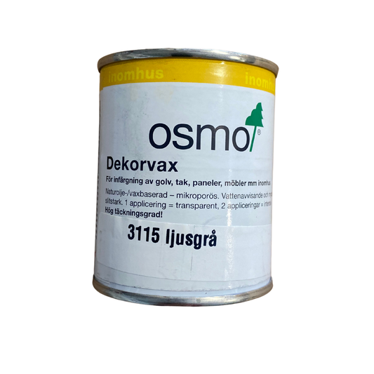 Burk Osmo Dekorvax 3115 Ljusgrå 0,125 liter, framsida med produktetikett