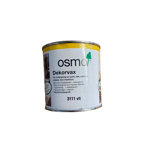 Burk Osmo Dekorvax 3111 Vit 0,75 liter, framsida med produktetikett och interiörbild