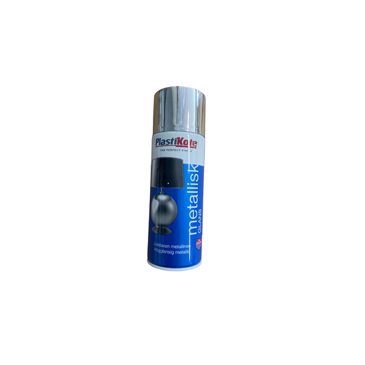 PlastiKote Metallisk Glans sprayfärg silver 400 ml, framsida av förpackning