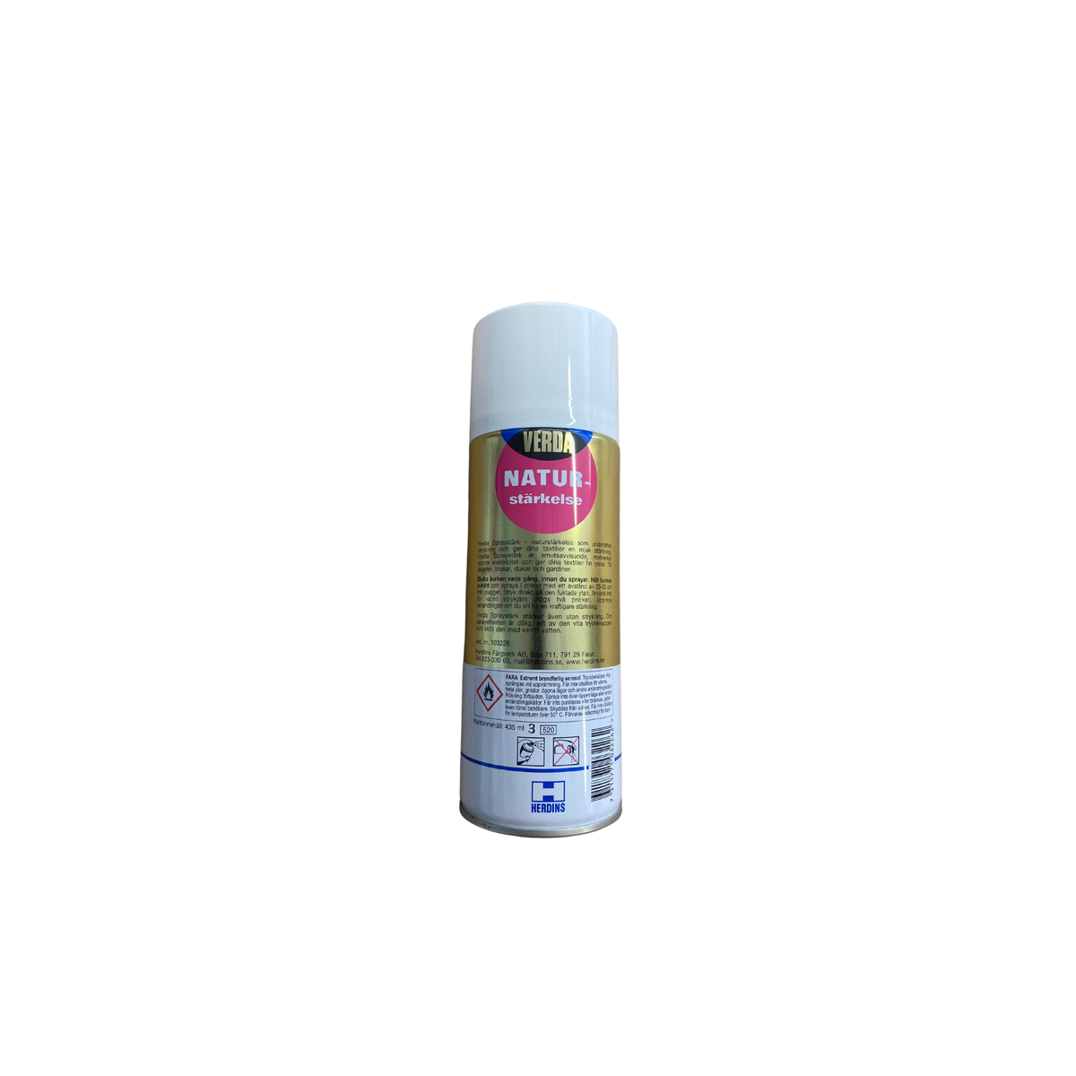 Verda Spraystärk 435 ml, baksida med bruksanvisning och säkerhetsinformation