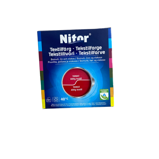 Nitor Textilfärg Tomat, framsida av förpackning
