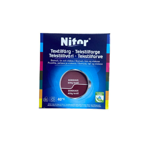 Nitor Textilfärg Bordeaux, framsida av förpackning