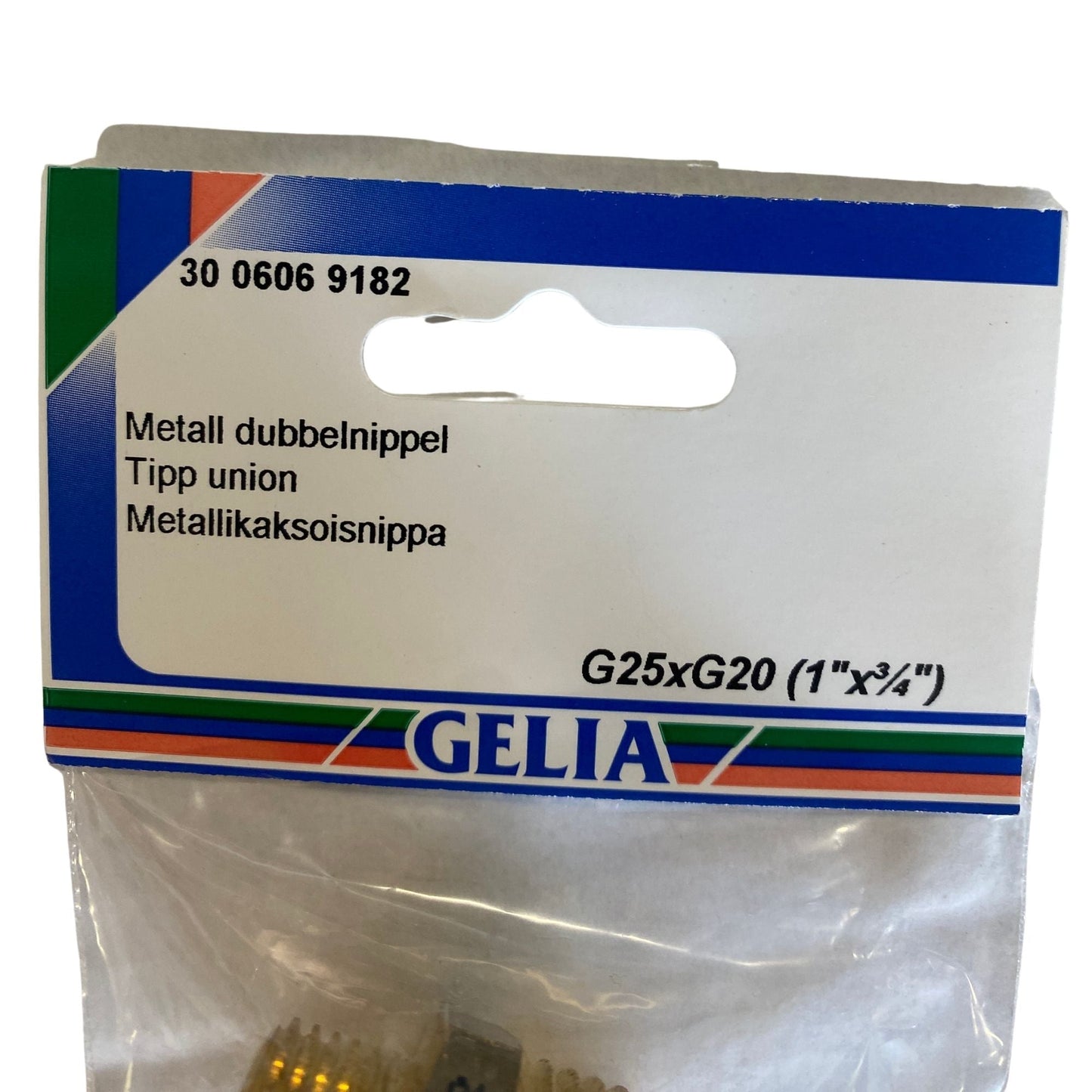 Dubbelnippel GELIA G25xG20 – närbild på etikett med artikelnummer 30 0606 9182