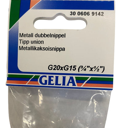 GELIA dubbelnippel G20xG15 - närbild på förpackning