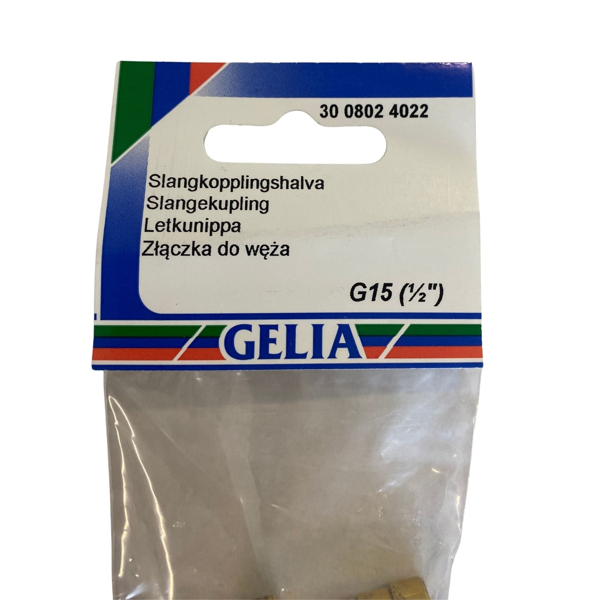 Slangkopplingshalva GELIA G15 ½ tum – etikett med artikelnummer 30 08024022