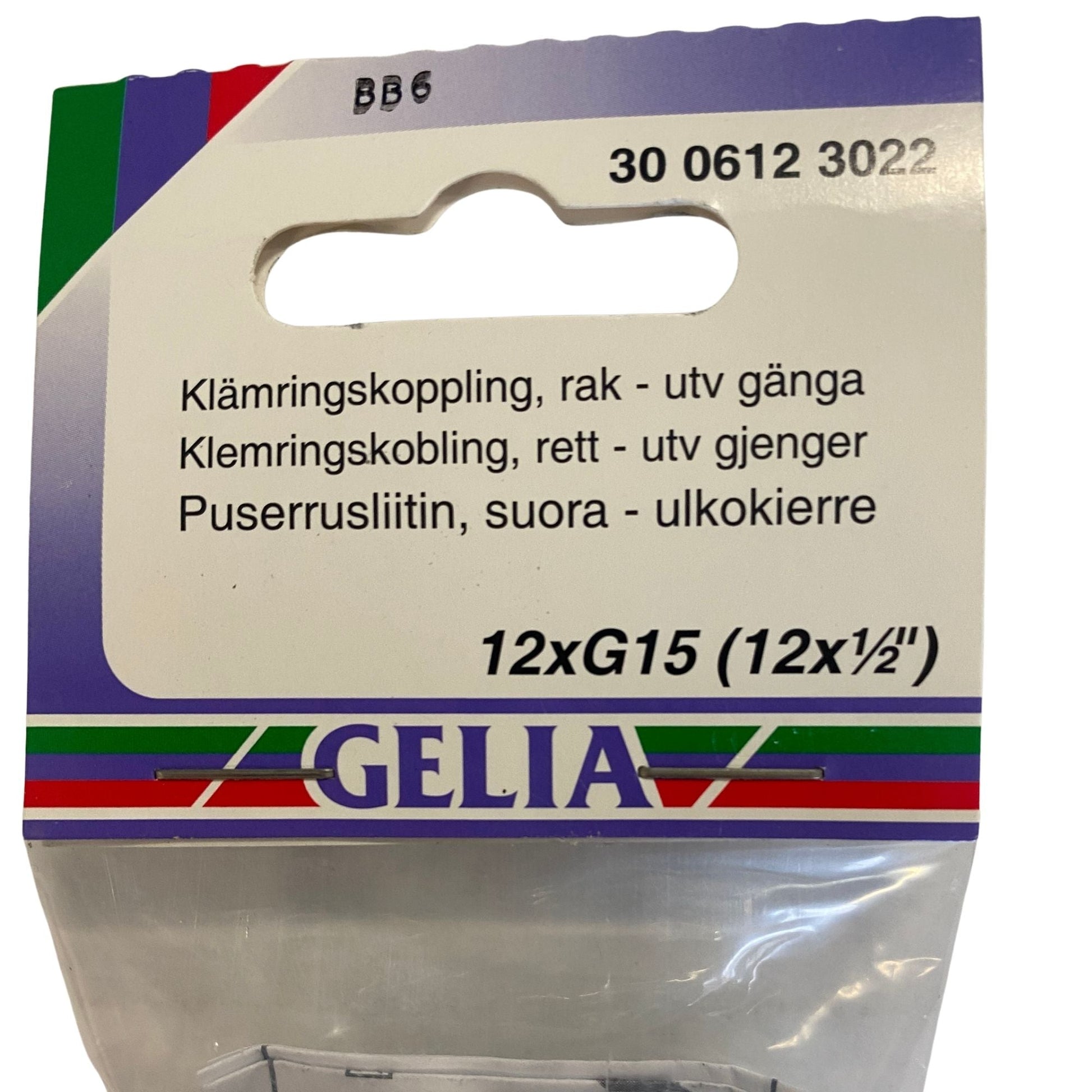 GELIA klämringskoppling 12xG15 utvändig gänga - närbild på förpackning