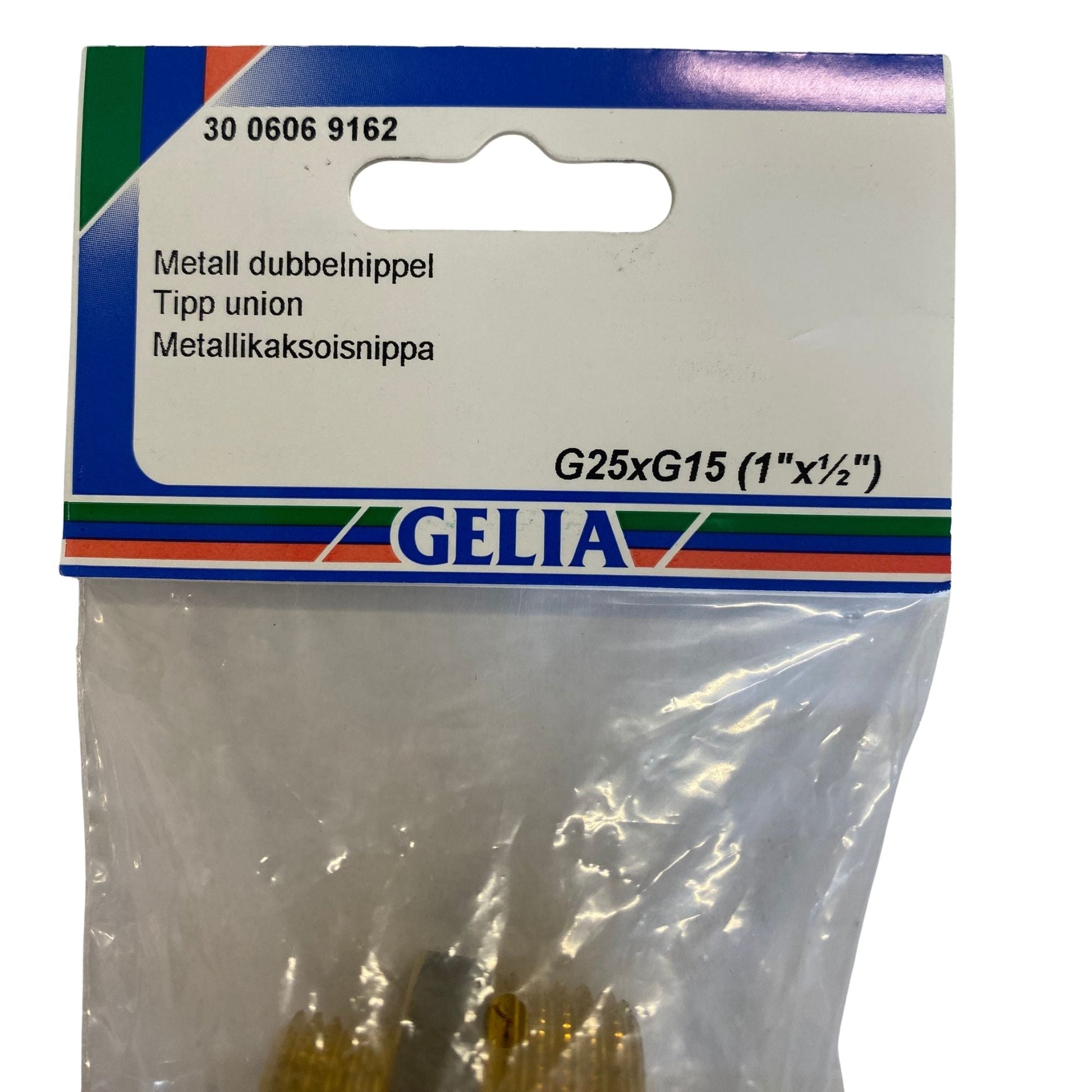 Dubbelnippel GELIA G25xG15 1 tum x halvtum – etikettsida med dimensionsangivelse