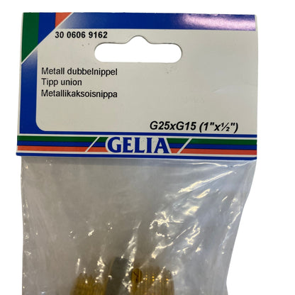 Dubbelnippel GELIA G25xG15 1 tum x halvtum – etikettsida med dimensionsangivelse