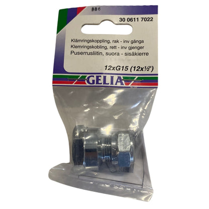 Klämringskoppling GELIA 12×G15 rak med inre gänga, packad i originalförpackning