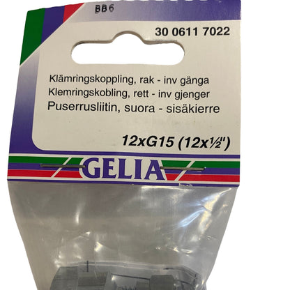 Klämringskoppling GELIA 12×G15 rak, etikett med produktinformation och artikelnummer 30 0611 7022