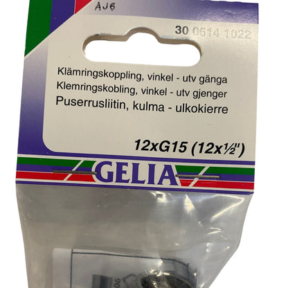 Närbild på GELIA klämringskoppling vinkel 12x15 mm med artikelnummer