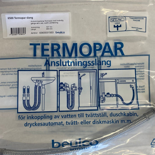 Närbild på Beulco Termopar anslutningsslang med artikelnummer och anslutningsmått