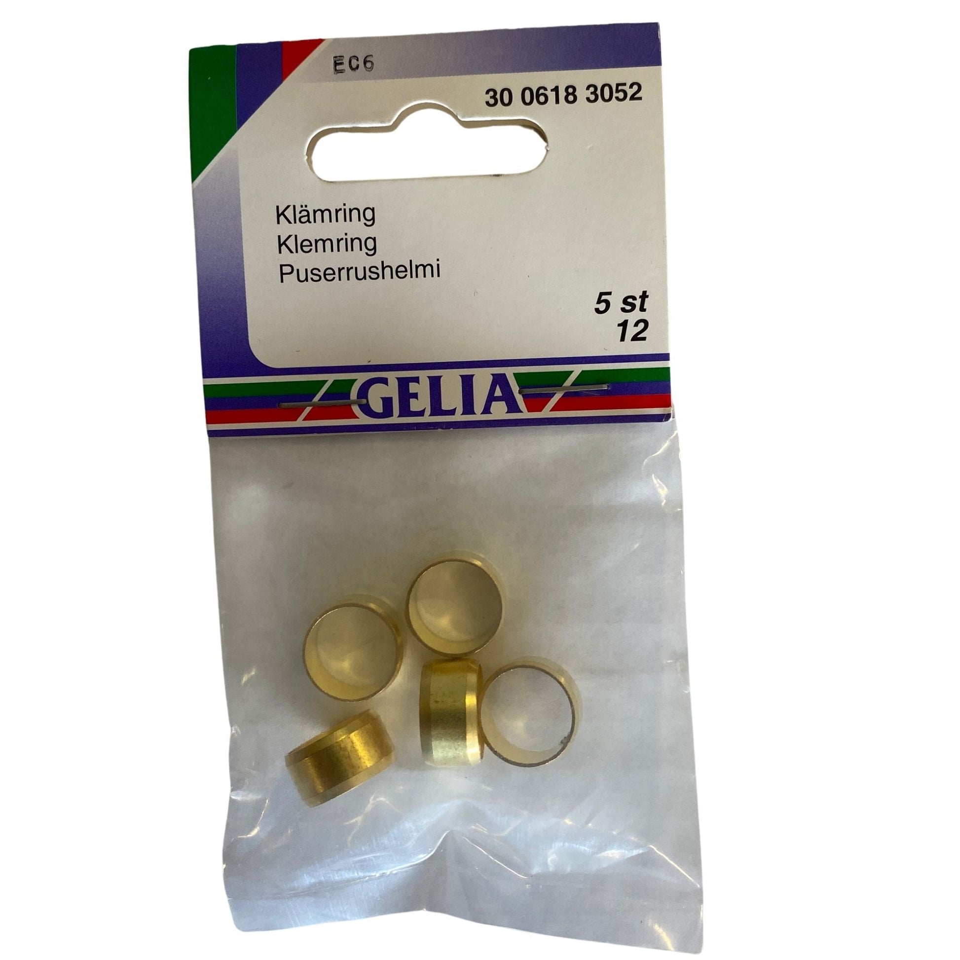 Klämring GELIA 12 mm 5-pack i mässing för kompressionsanslutning – framsida förpackning