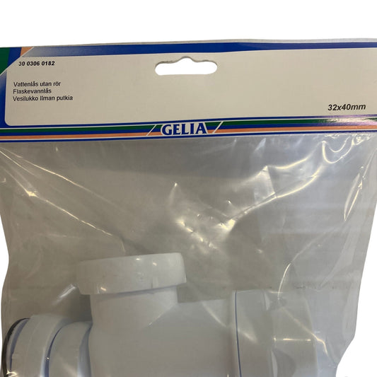 Närbild på förpackning för GELIA vattenlås 32x40 mm med produktinformation