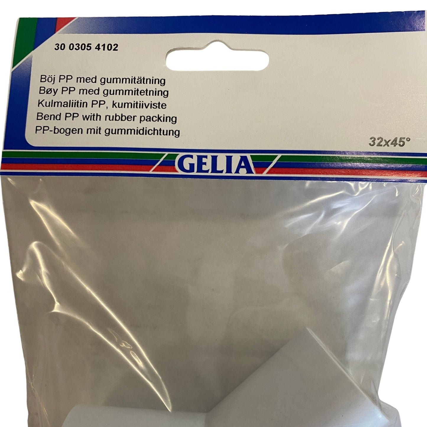 Närbild på förpackning för GELIA böj 32x45 grader med produktinformation