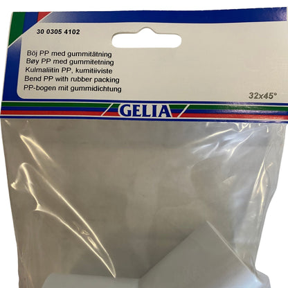 Närbild på förpackning för GELIA böj 32x45 grader med produktinformation