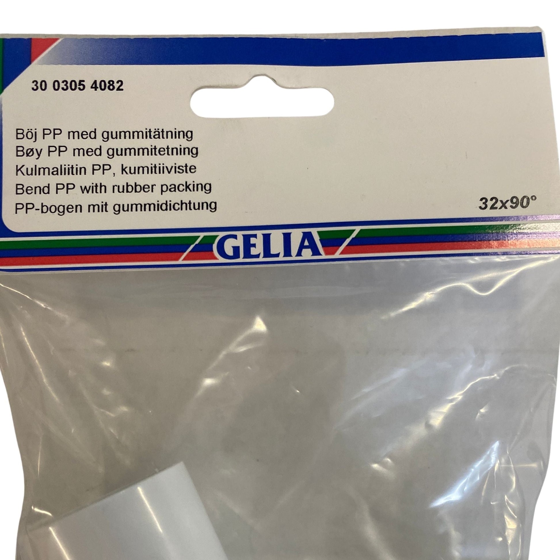 Närbild på förpackning för GELIA böj 32x90 grader med produktinformation