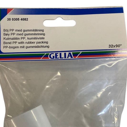 Närbild på förpackning för GELIA böj 32x90 grader med produktinformation