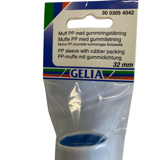 Närbild på förpackning för GELIA muff 32 mm med produktinformation