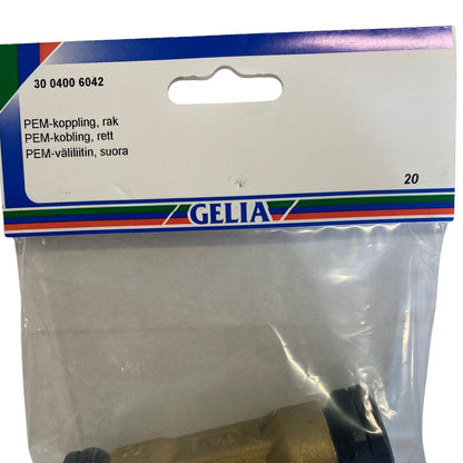 PEM-koppling rak GELIA 20mm närbild förpackning etikett