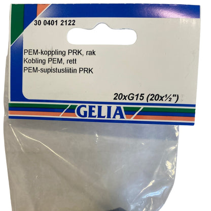 PEM-koppling PRK rak GELIA 20xG15 närbild förpackning etikett